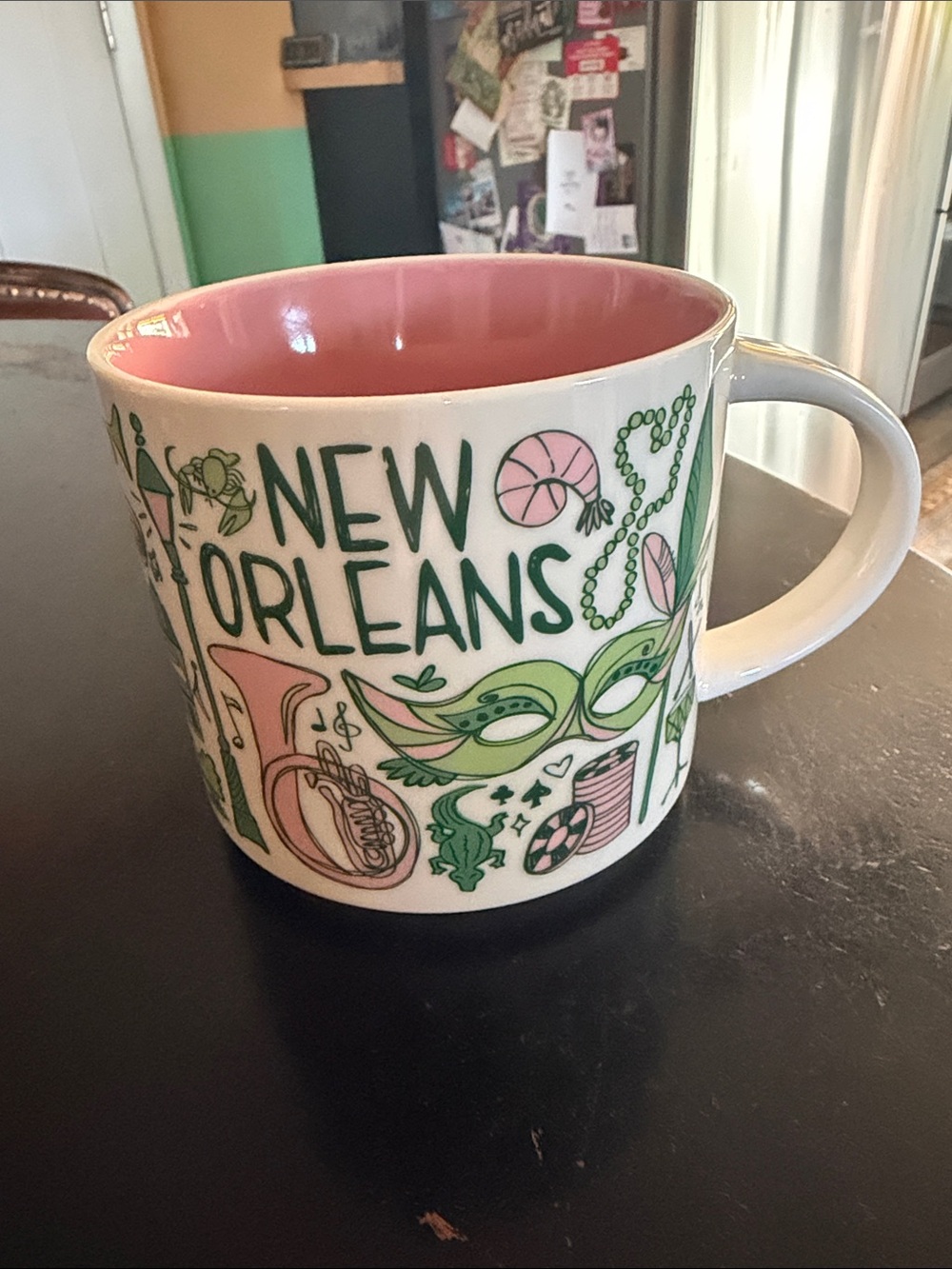 Starbucks Cream Ceramic Mug with Green Exterior Illustrations and Pink Interior